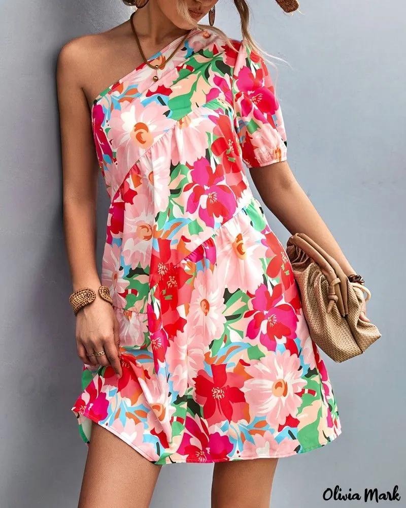 Olivia Mark – Floral Print One-Shoulder Ruffle Hem Mini Dress product image