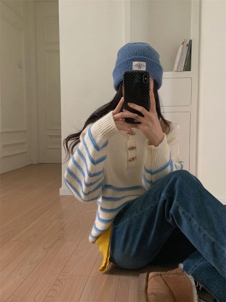 Crewneck Toggle Striped Sweater Product Image