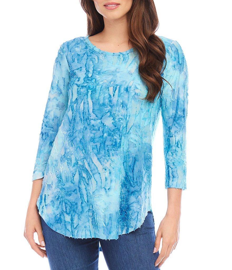 Karen Kane Burnout Tie-Dye Print Crew Neck 3/4 Sleeve Shirttail Hem Top Product Image