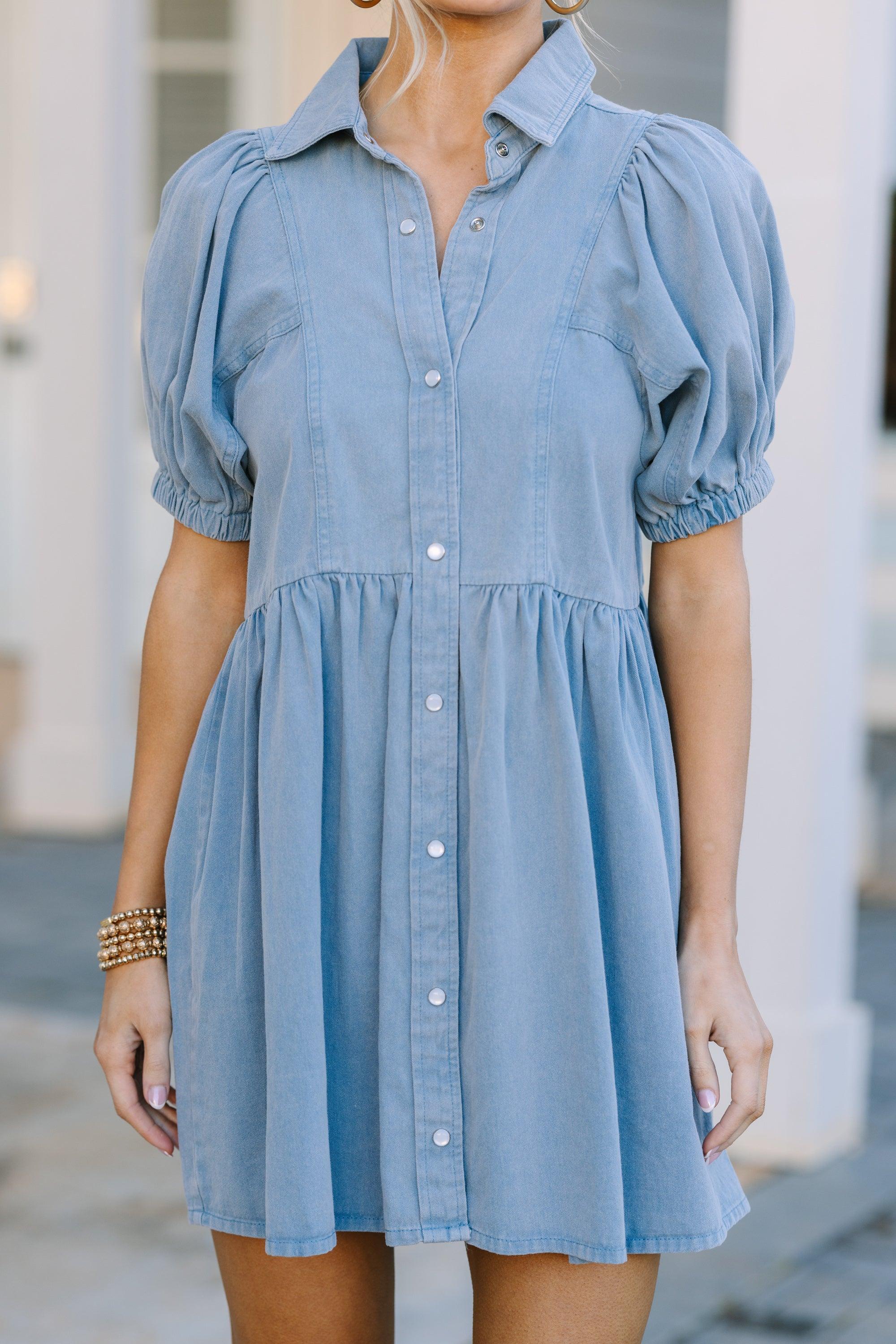 Well Known Light Blue Denim Babydoll Dress Female Product Image