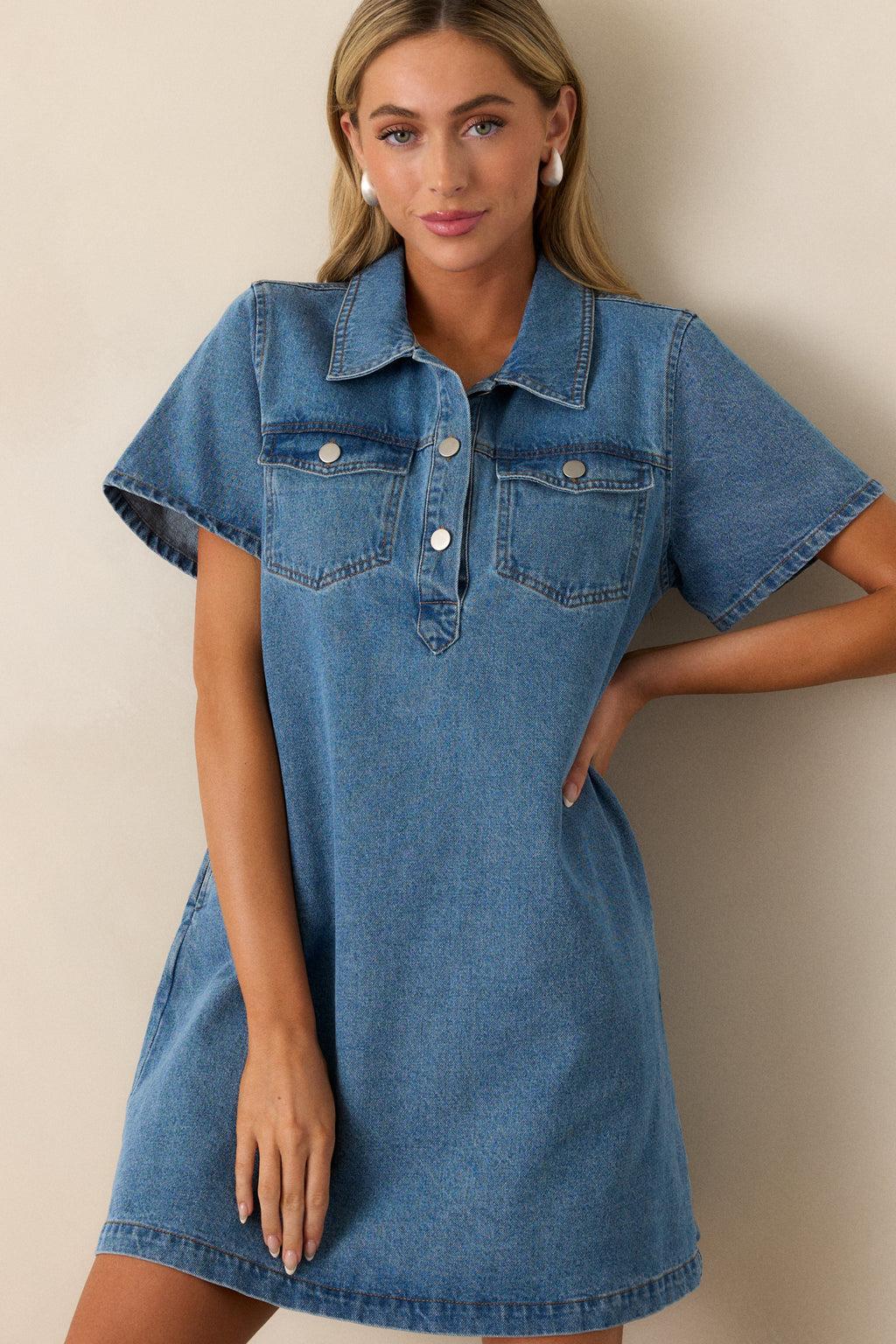 Midnight City Denim Short Sleeve Mini Dress Product Image