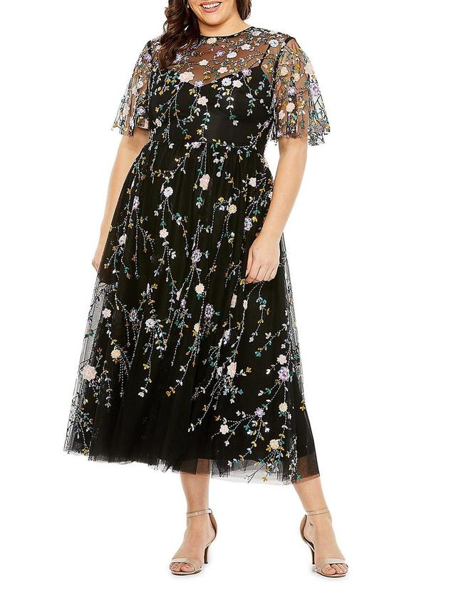 Womens Plus Embellished Floral Fit & Flare Midi-Dress Product Image