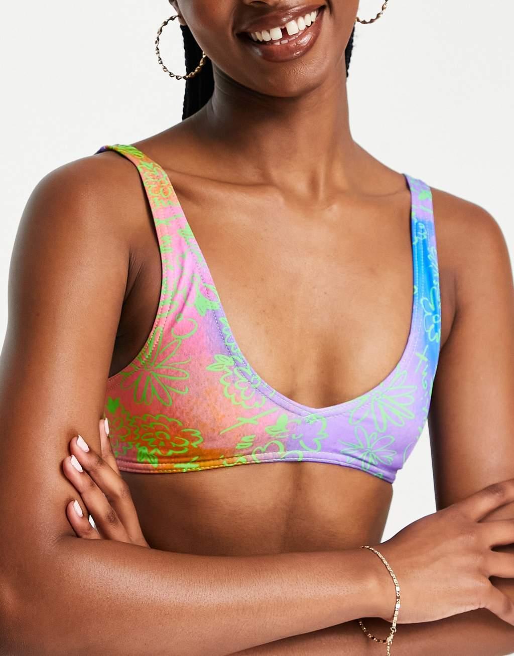 COLLUSION bikini top in neon floral print - MULTI Product Image