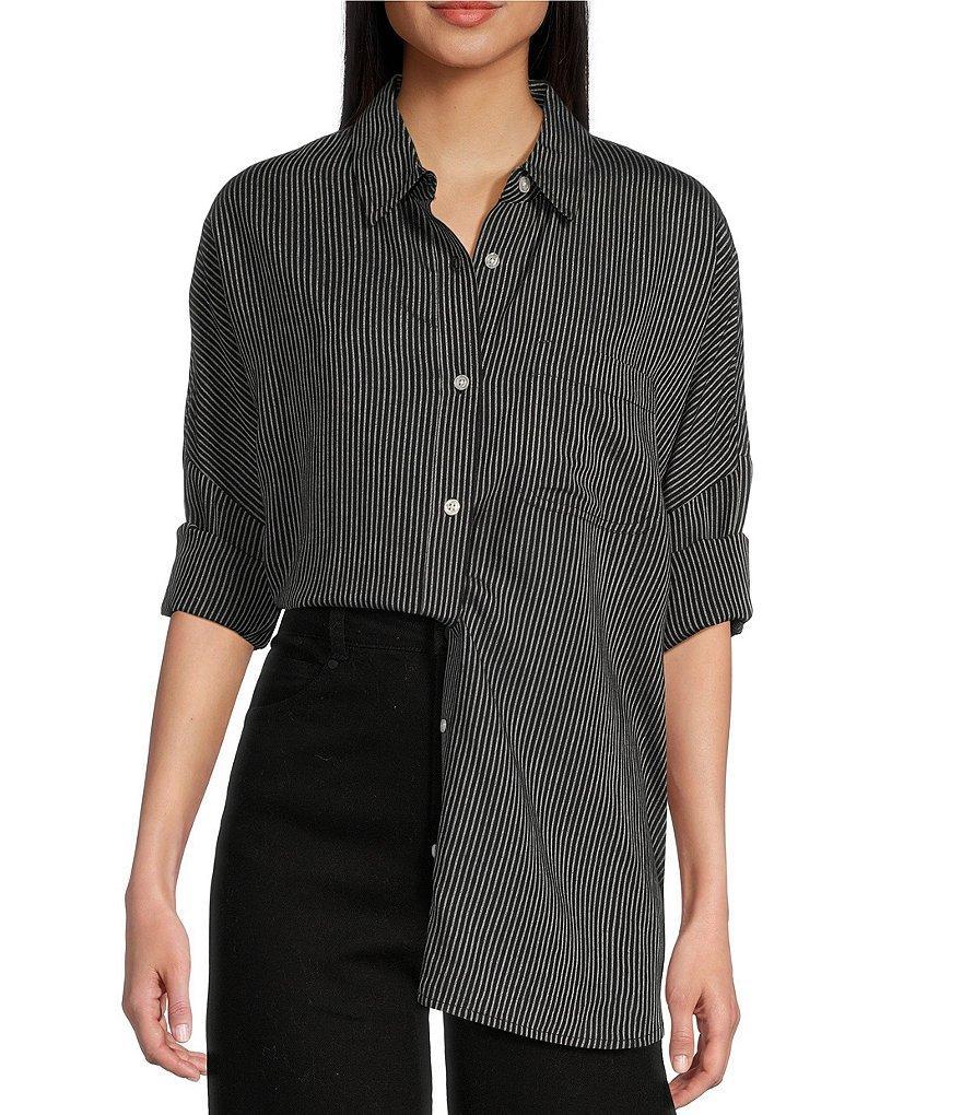 Copper Key Mini Stripe Print Oversized Fit Button-Front Woven Shirt Product Image