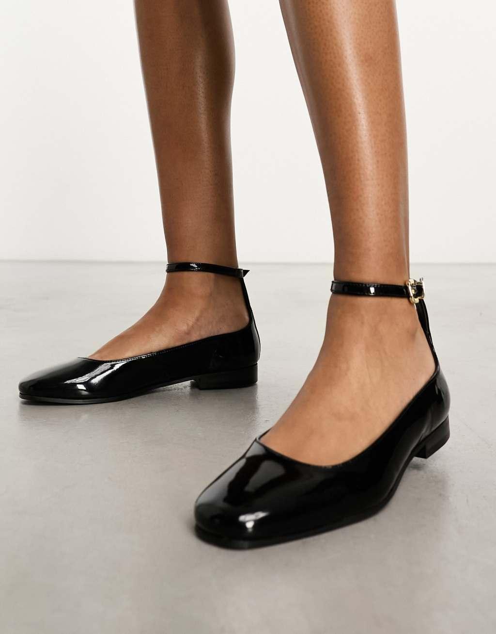 Walk London Bella ankle strap ballerina flat in black leather Product Image