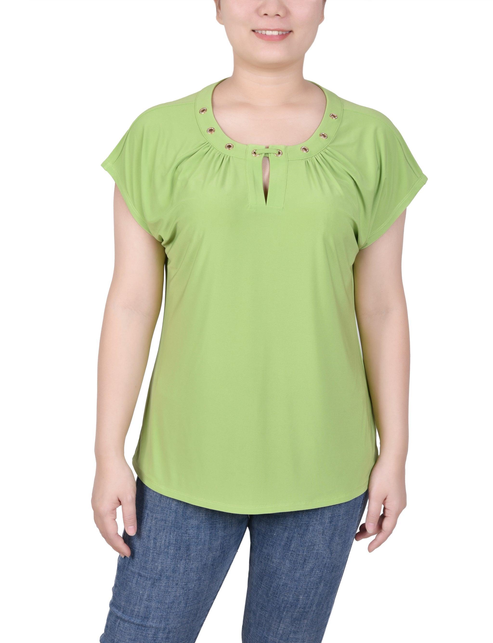 Short Extended-Sleeve Grommet Neck Knit Top - Petite Product Image