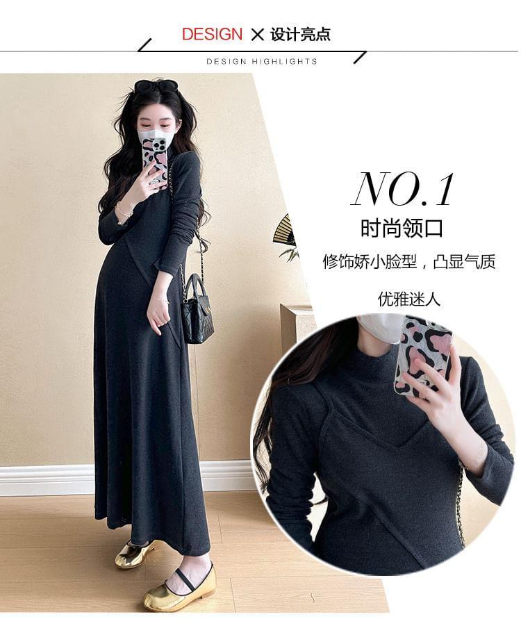 Maternity Long-Sleeve Turtleneck Mock Two-Piece Plain Maxi A-Line Knit Dress Product Image