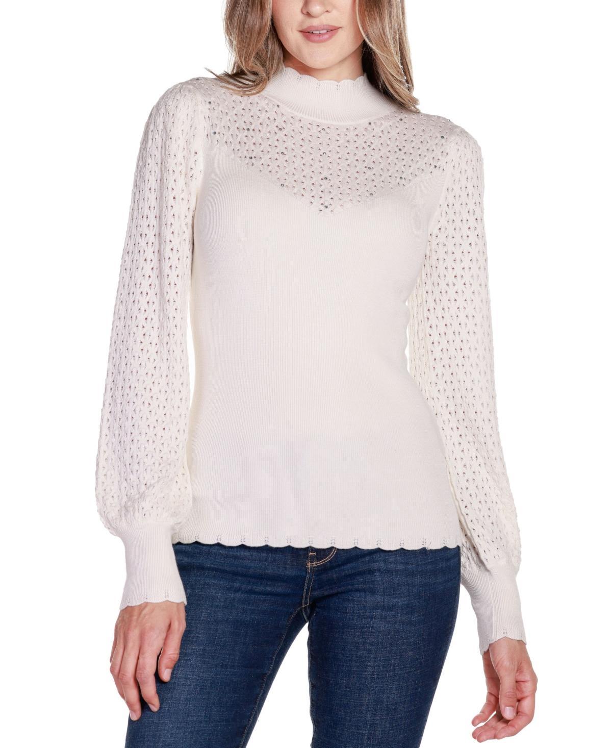 Belldini Womens Black Label Pointelle and Rhinestone Detail Sweater Product Image