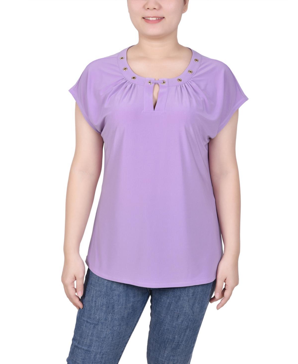 Ny Collection Petite Grommet Neck Knit Short Extended Sleeve Top Product Image