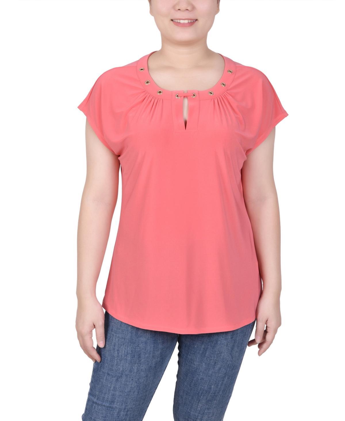 Ny Collection Petite Grommet Neck Knit Short Extended Sleeve Top Product Image