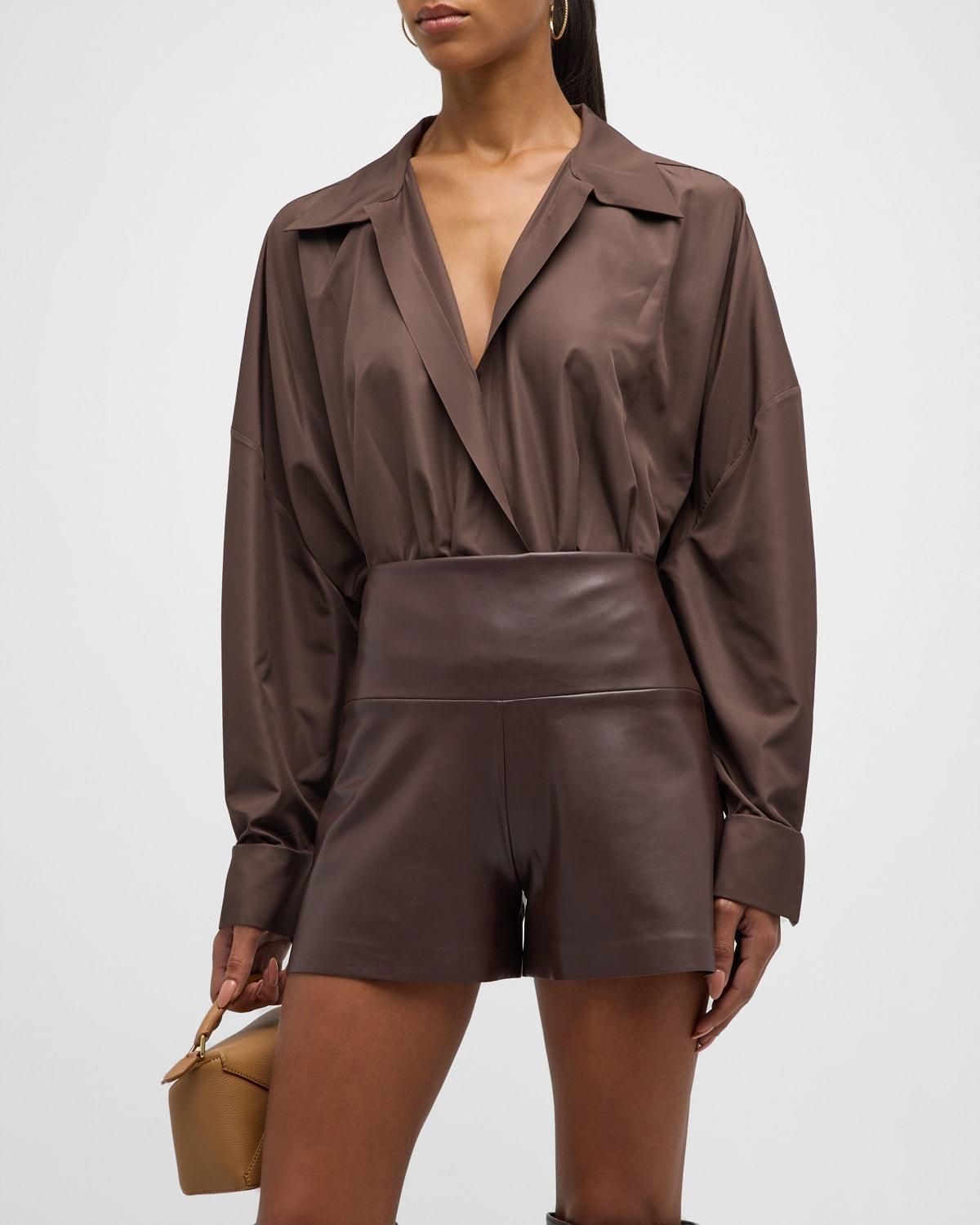 Norma Kamali Super Oversized Boyfriend Shirt Bodysuit Chocolate. (also in L, S, XS). Product Image