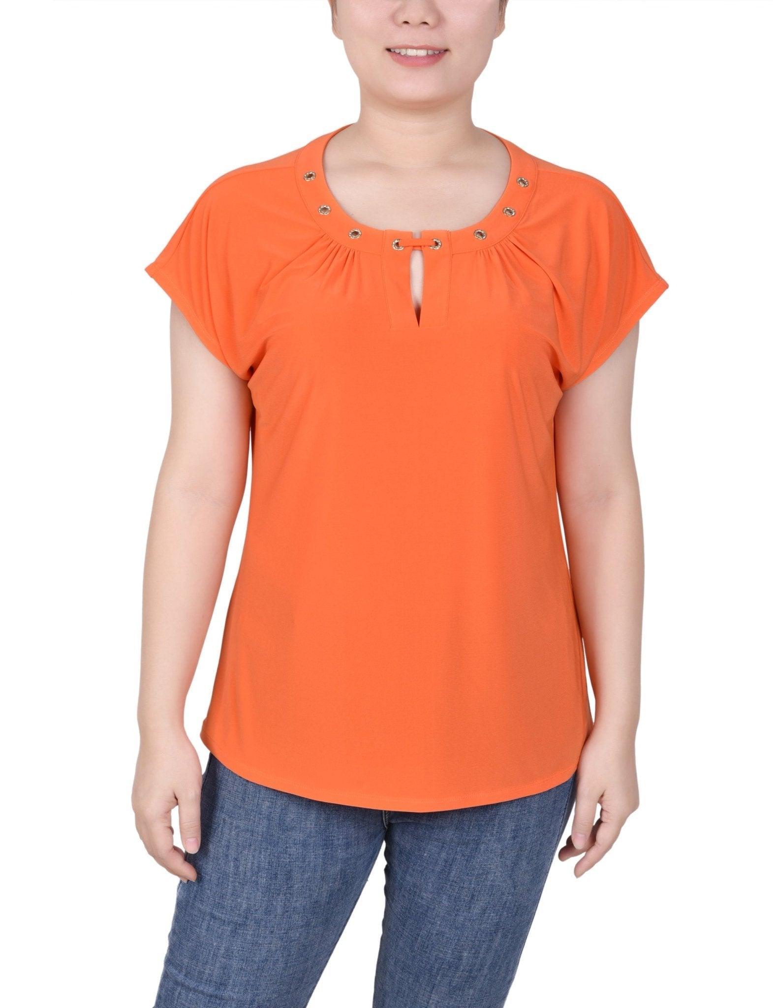 Short Extended-Sleeve Grommet Neck Knit Top - Petite Product Image