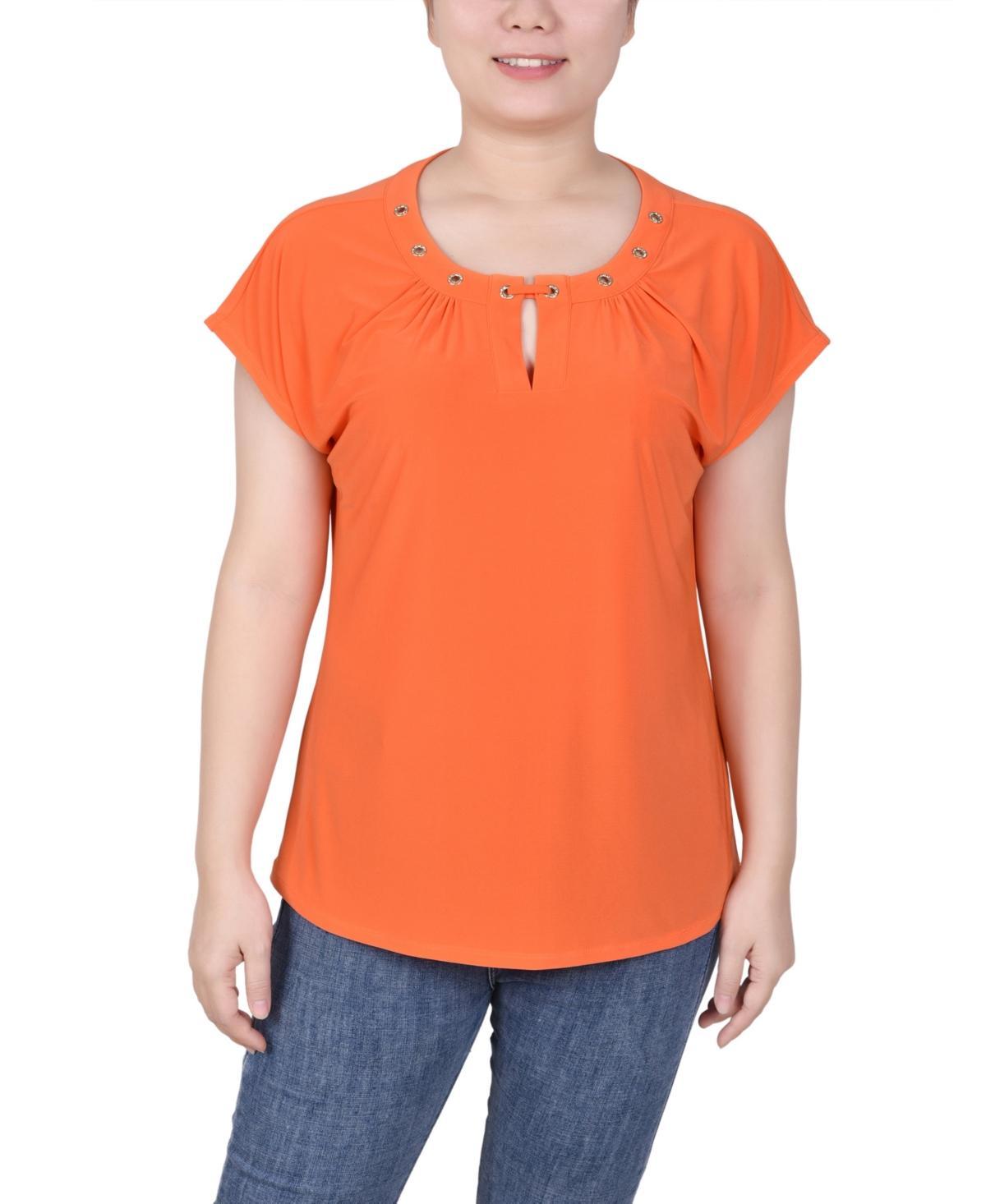 Ny Collection Petite Grommet Neck Knit Short Extended Sleeve Top Product Image