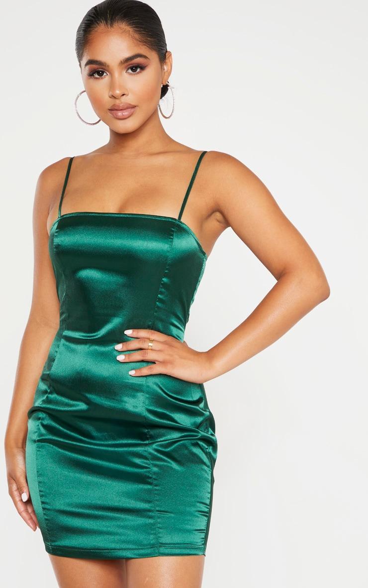 Petite Emerald Green Satin Strappy Straight Neck Bodycon Dress Product Image