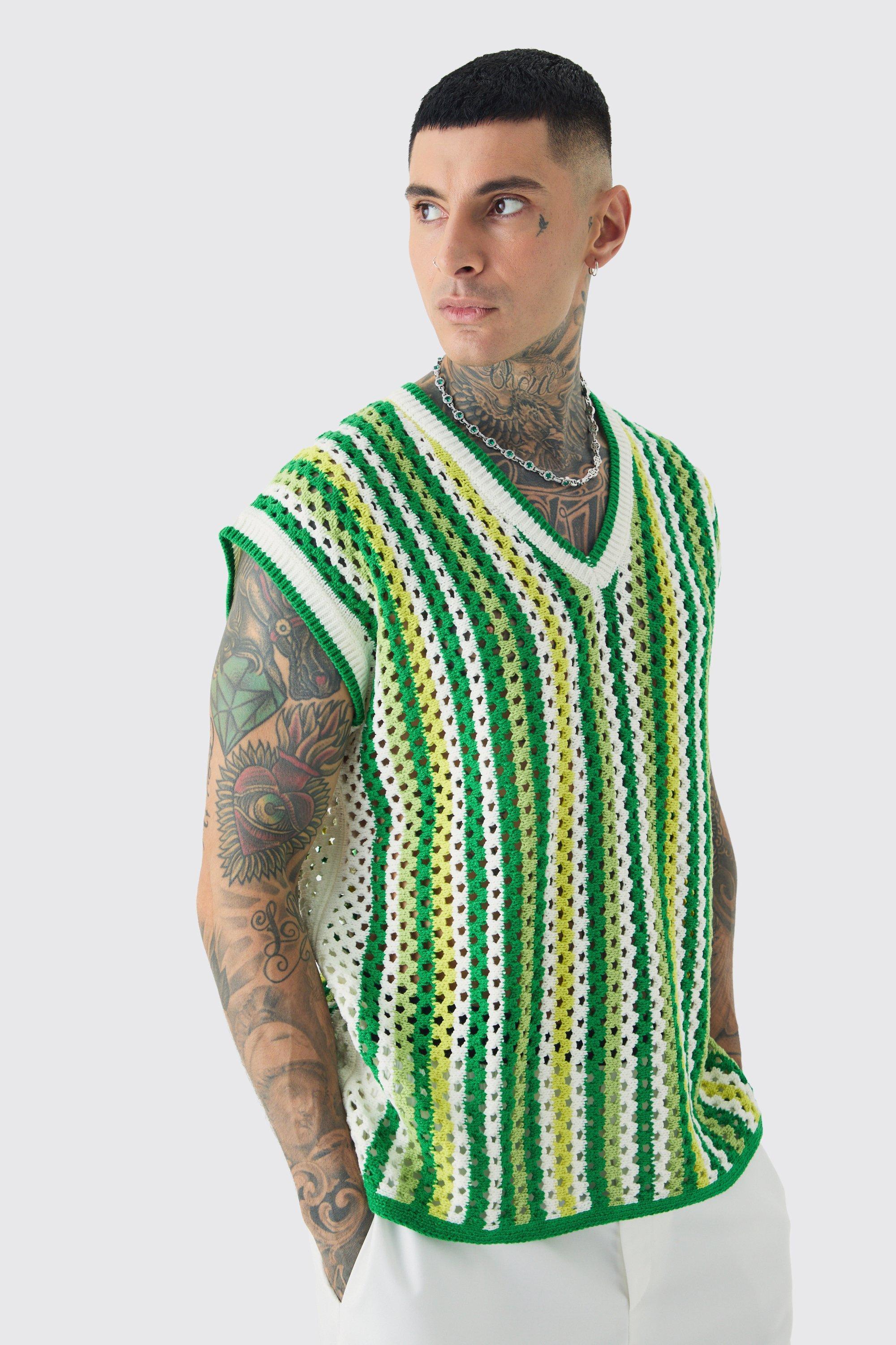 Mens Green Tall Oversized Open Stitch Crochet Knitted vest, Green Product Image