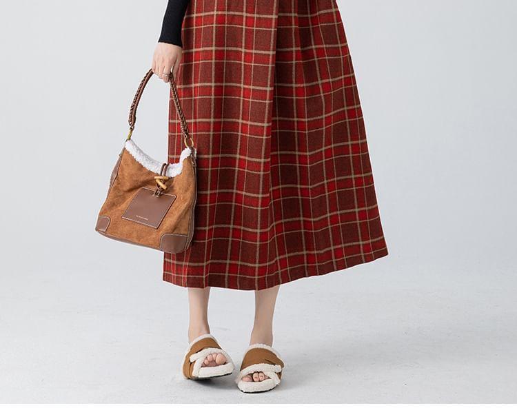 Maternity Long-Sleeve Mock Neck Plain Slim Fit Top / Plaid Bow Midi A-Line Pinafore Dress Product Image