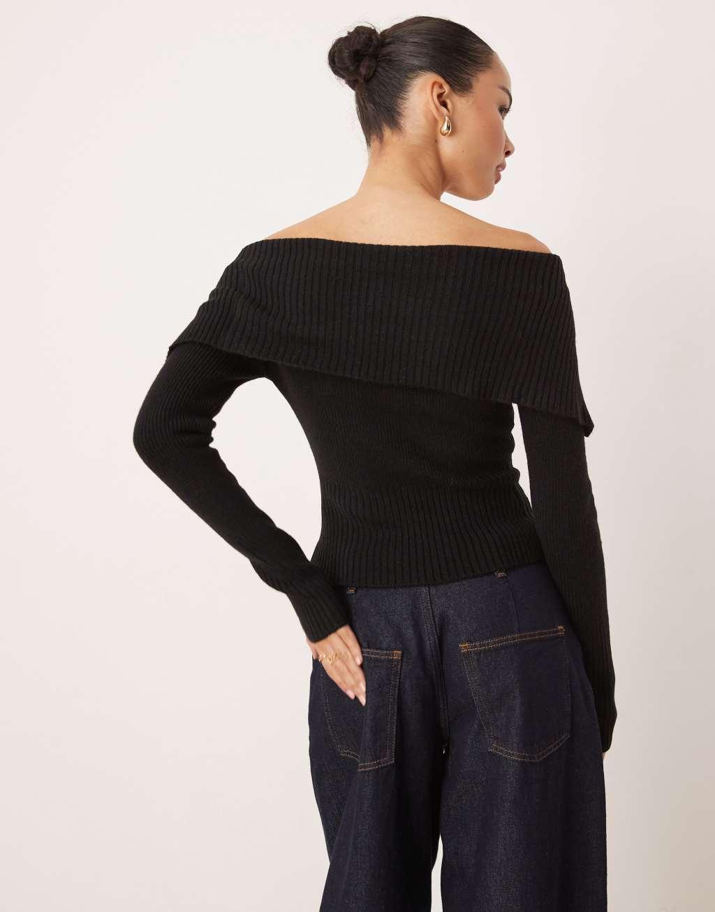 Gina Tricot ribbed knit zip front cardigan with off-shoulder collar in black Product Image