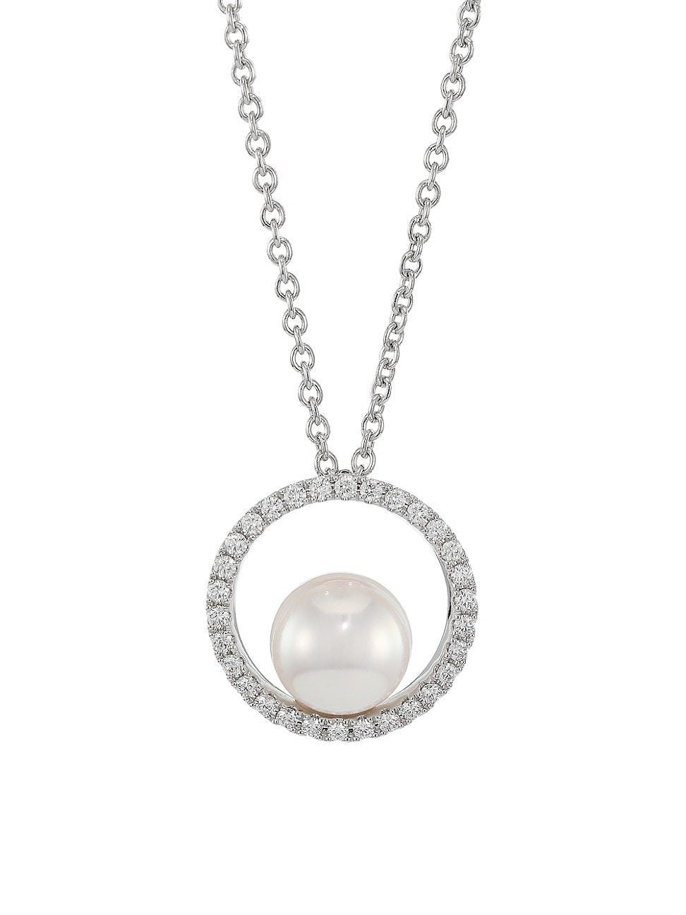 Womens Japan 18K White Gold, 7MM White Cultured Akoya Pearl & Diamond Pendant Necklace Product Image