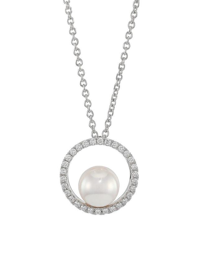 Womens Japan 18K White Gold, 7MM White Cultured Akoya Pearl & Diamond Pendant Necklace Product Image