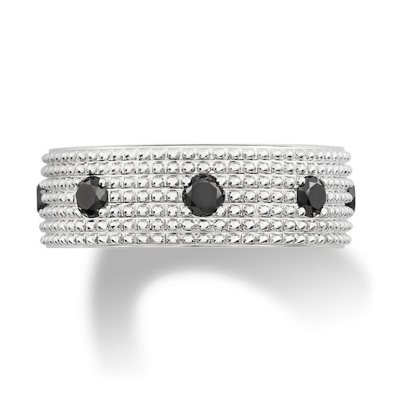 Men's Black Spinel Station Beaded Multi-Row Band in Sterling Silver Product Image