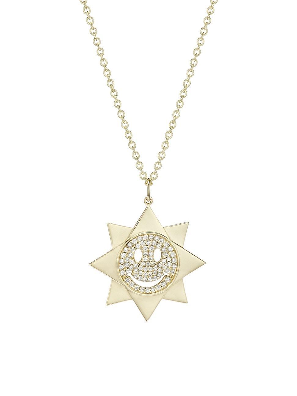 Womens 14K Yellow Gold & Diamond Happy Face Sun Pendant Necklace Product Image