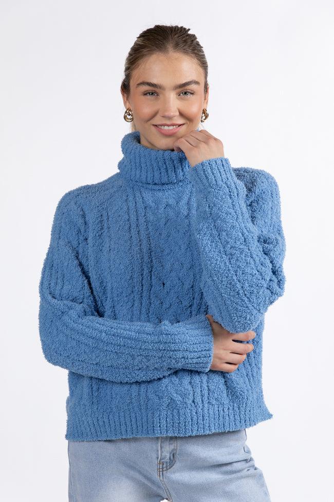 Snow Place Like Home Blue Fuzzy Cable Knit Turtleneck Sweater FINAL SALE Product Image