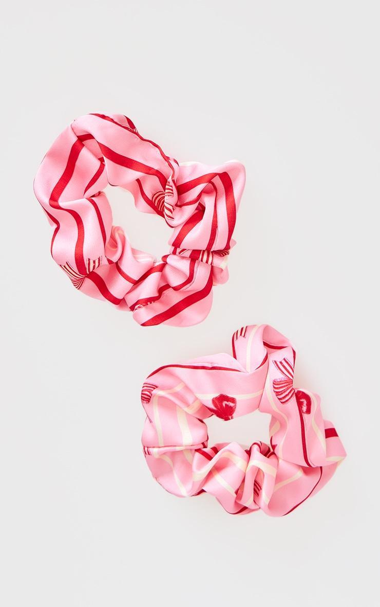 Pink 2 Pack Christmas Bow Print Satin Scrunchie Set Product Image