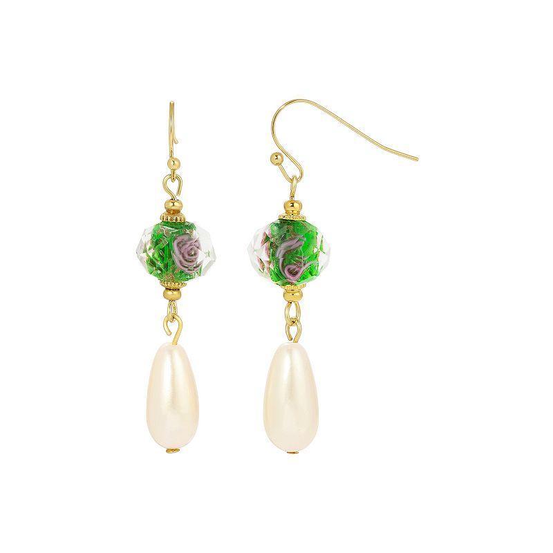 1928 Gold Tone Olivine Flower And Simulated Pearl Drop Earrings, Womens, Green Product Image