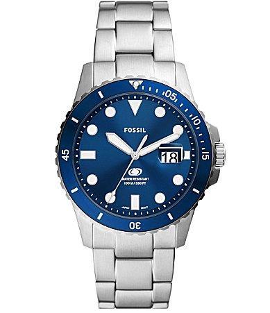 Fossil Mens Blue Dive Three-Hand Date Silver-Tone Stainless Steel Watch 42mm - Silver-Tone Product Image