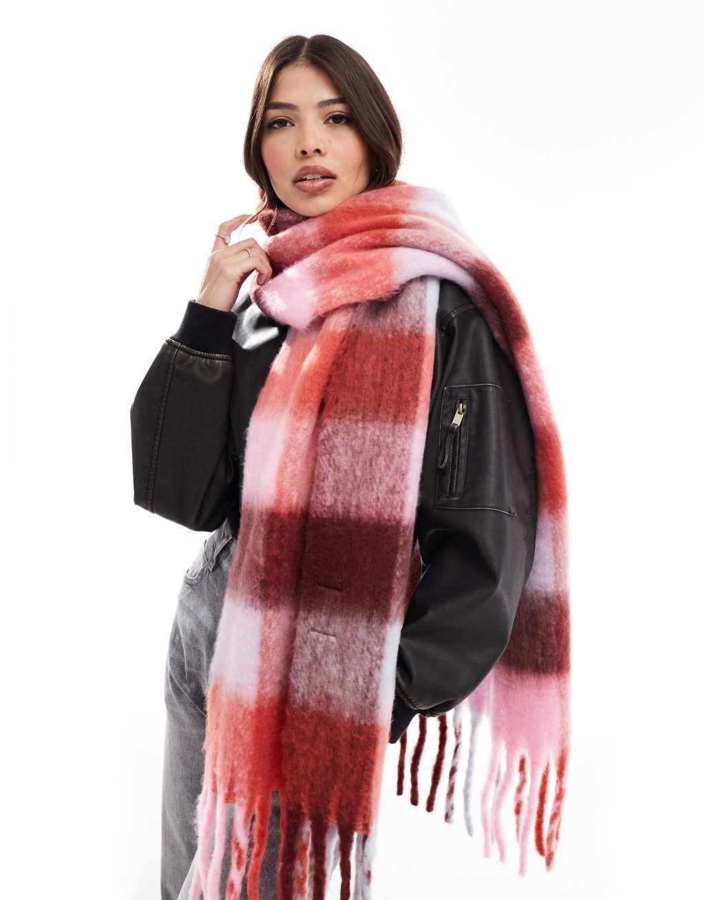 Pieces super soft tassel scarf in fall warm plaid Product Image