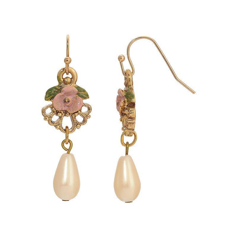 1928 Gold Tone Simulated Pearl Pink Flower Filigree Drop Earrings, Womens Product Image