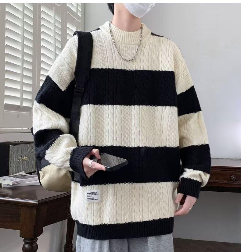 Crew Neck Striped Cable Knit Sweater product image