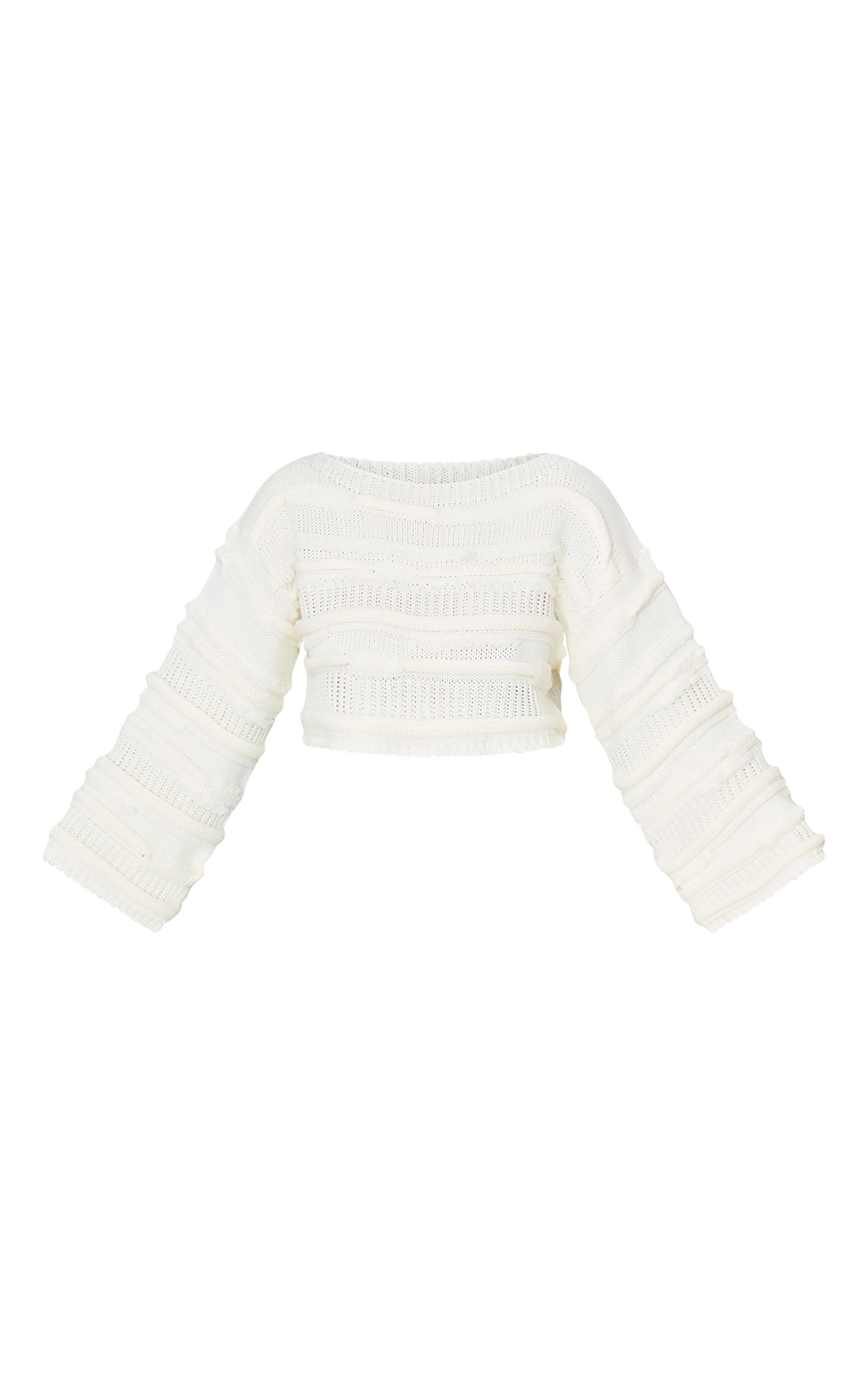 Plus Cream Chunky Raised Contrast Knit Cropped Wide Neck Sweater Product Image