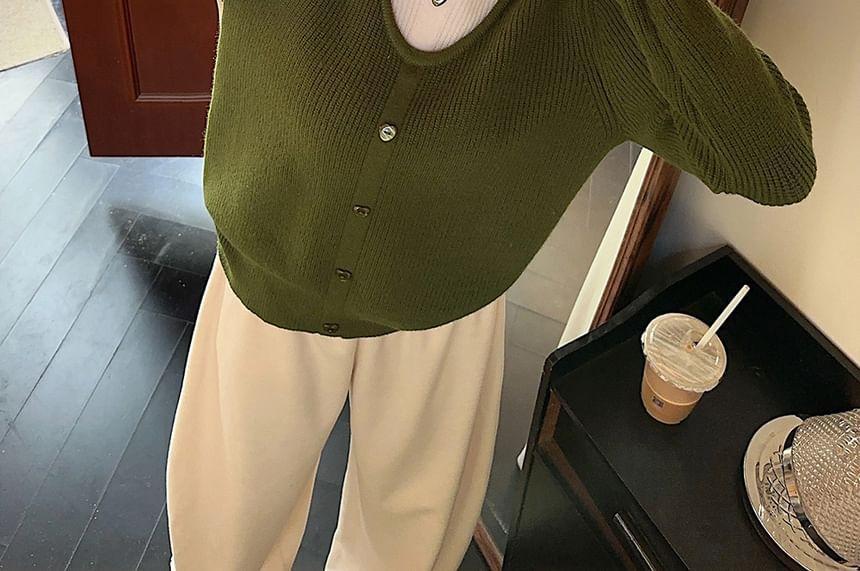 Mock Two-Piece Long-Sleeve Crew Neck Two Tone Ribbed Button Knit Top Product Image