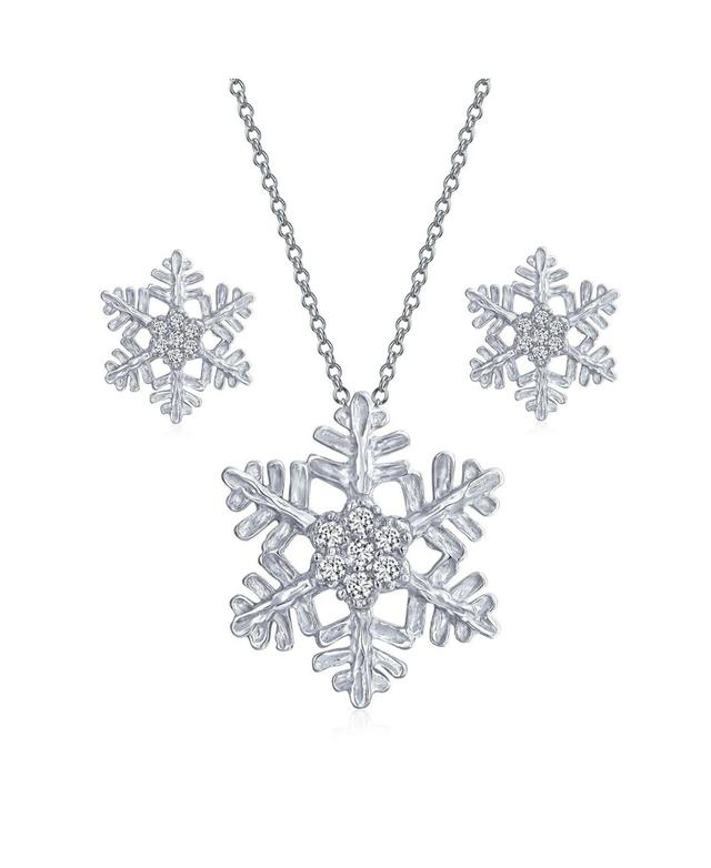 Bling Jewelry Holiday Party Flower Christmas Winter Cubic Zirconia Accent Cz Snowflake Pendant Micro Pave Clear Cz Necklace Earring Set For Women Ster Product Image