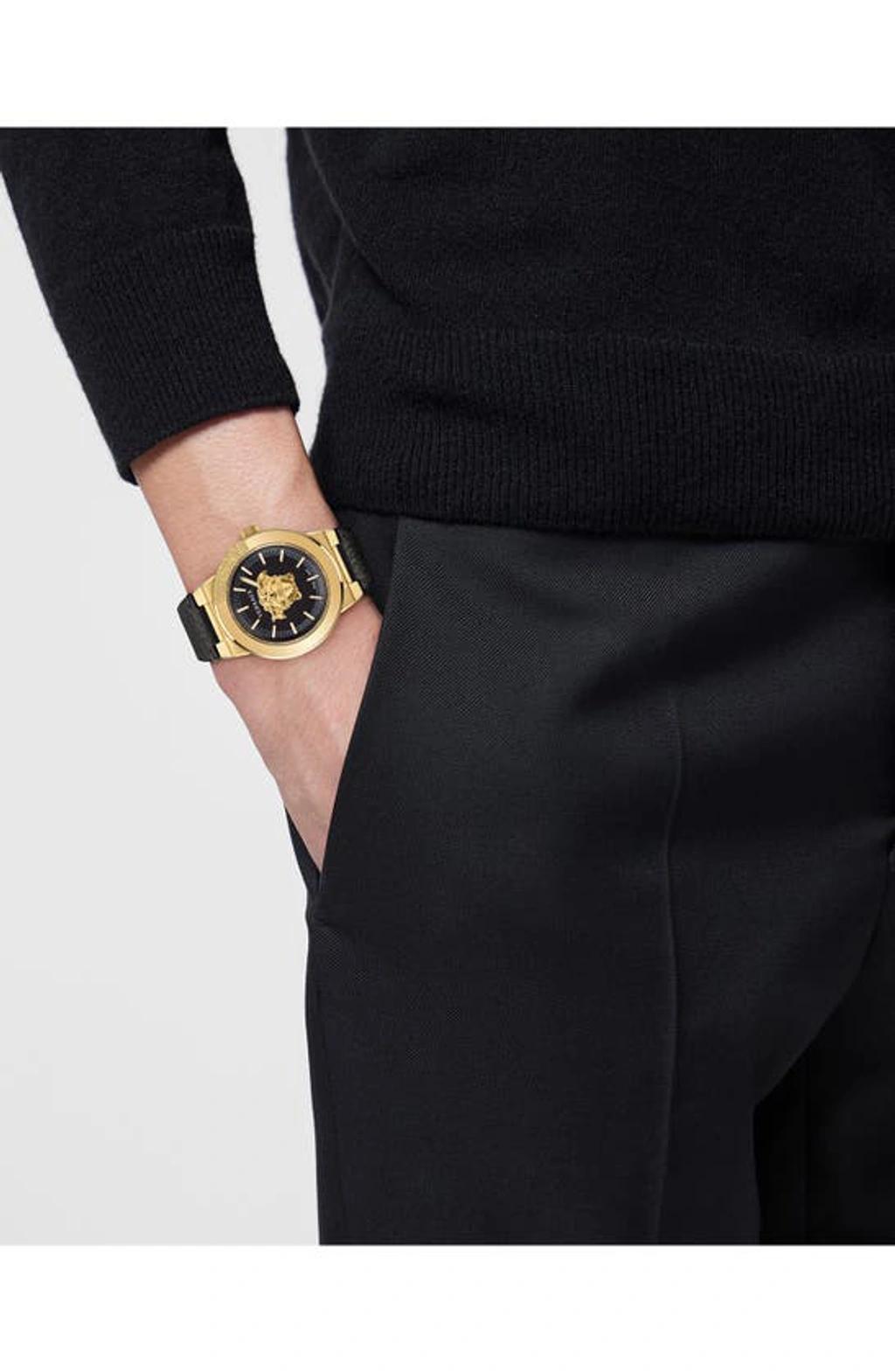 VERSACE Men's Swiss Medusa Infinite Black Leather Strap Watch 47mm In Yellow Gold Product Image