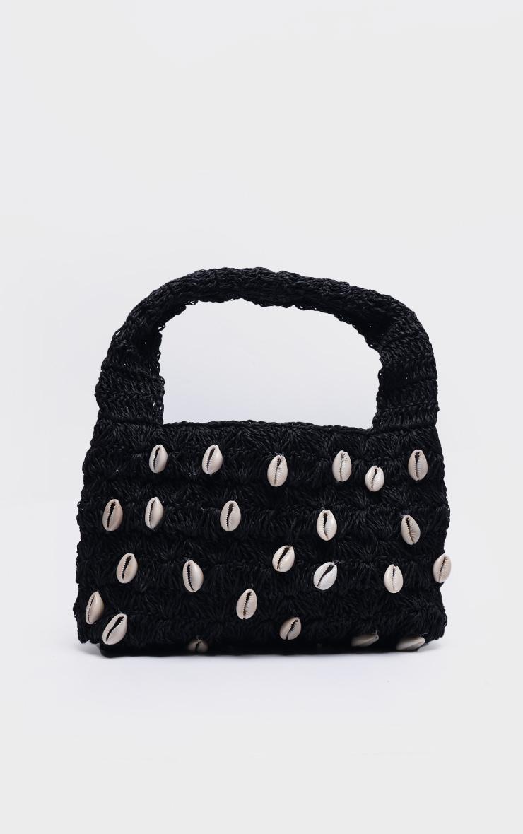 Black Raffia Shell Detail Beach Handbag Product Image