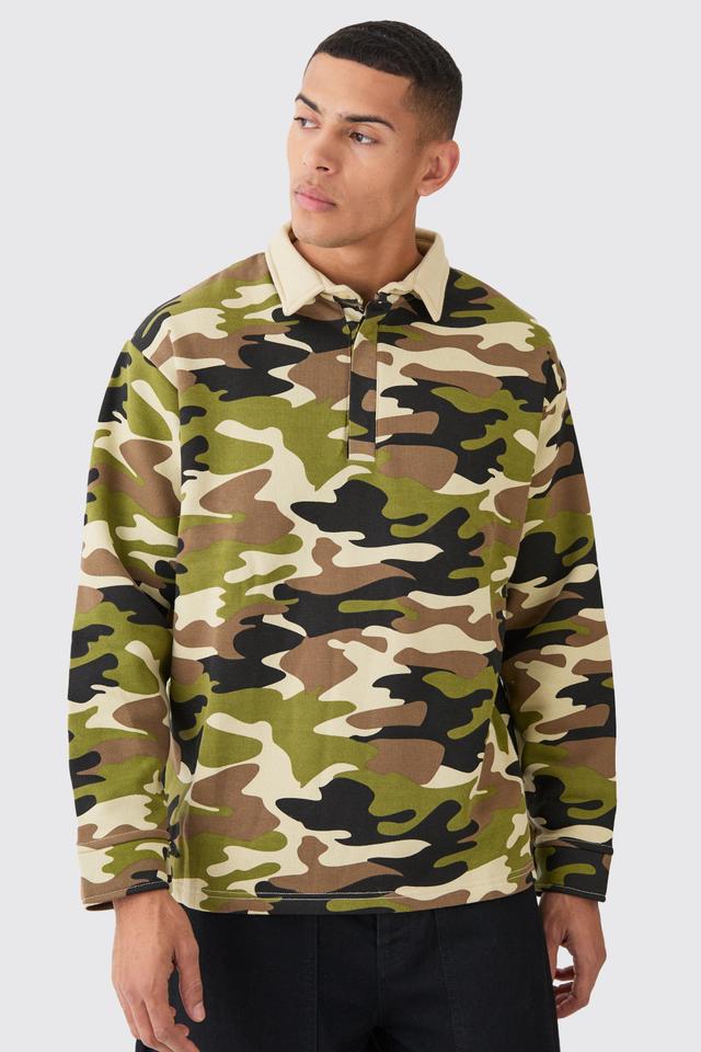 Oversized Camo Rugby Polo | boohooMAN USA Product Image