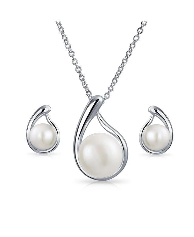 Bling Jewelry Simple White Freshwater Cultured Pearl Teardrop Pendant Necklace Stud Earrings Jewelry Set For Women Sterling Silver Product Image