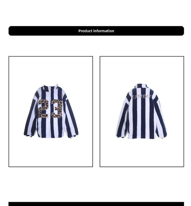 Stand Collar Numbering Applique Striped Fleece Zip Jacket Product Image