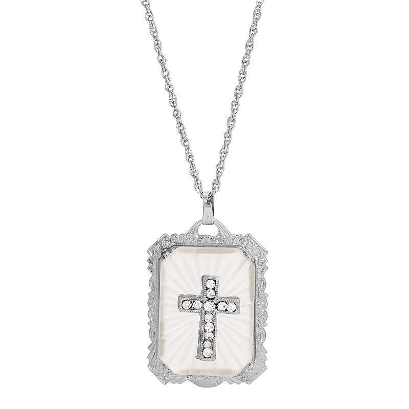 Symbols of Faith Silver-Tone Crystal Cross Large Pendant Necklace, Womens, White Product Image