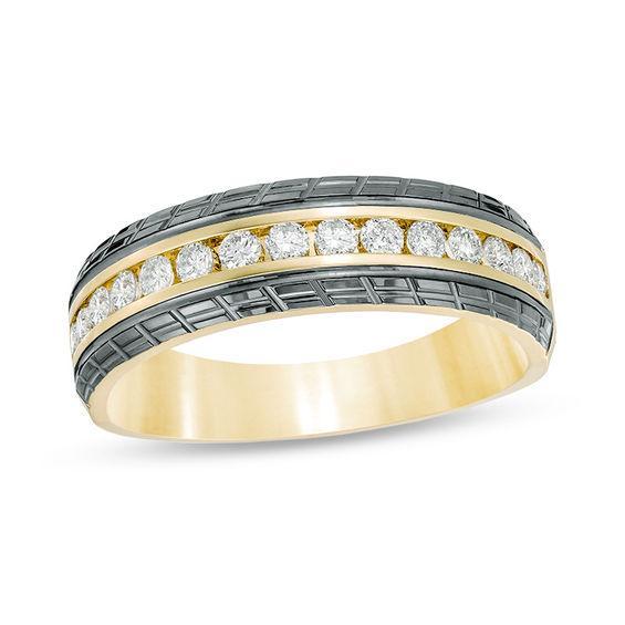 Men's 1/2 CT. T.w. Diamond Slant Groove Edge Wedding Band in 14K Gold with Black Rhodium Product Image