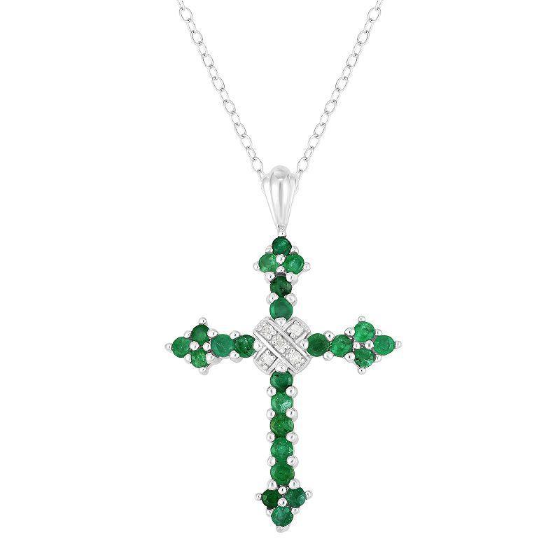 Sterling Silver 9/10 Carat T.W. Gemstone & Diamond Accent Cross Pendant Necklace, Womens Green Product Image