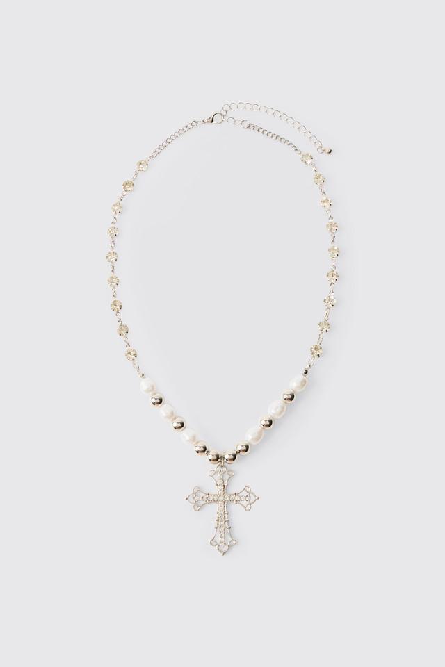 Cross Pendant Pearl And Metal Bead Necklace | boohooMAN USA Product Image