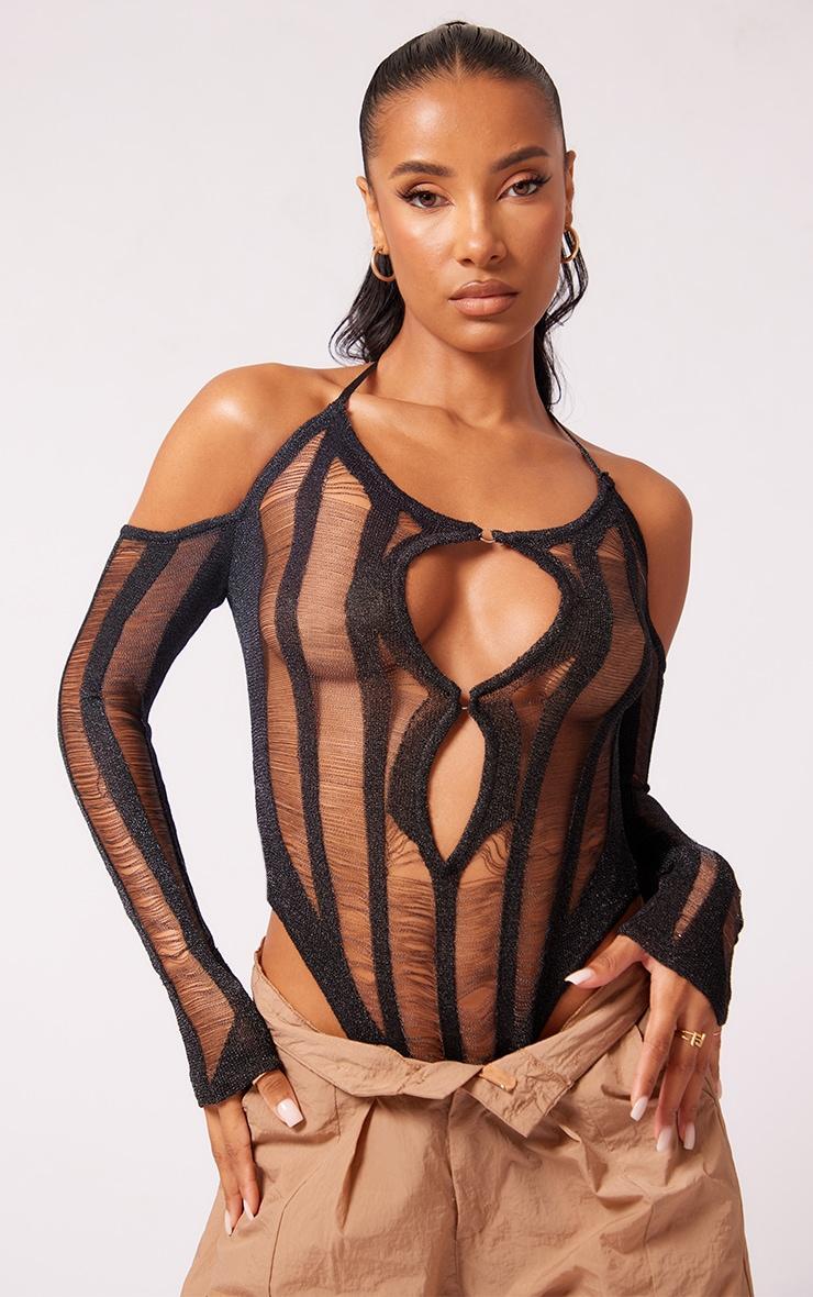 Black Laddering Knit Ring Detail Bodysuit Product Image