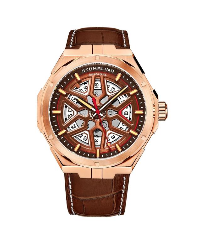 Stuhrling Mens Automatic Watch Alligator Embossed Genuine Leather Strap with Decorative Stitching Product Image