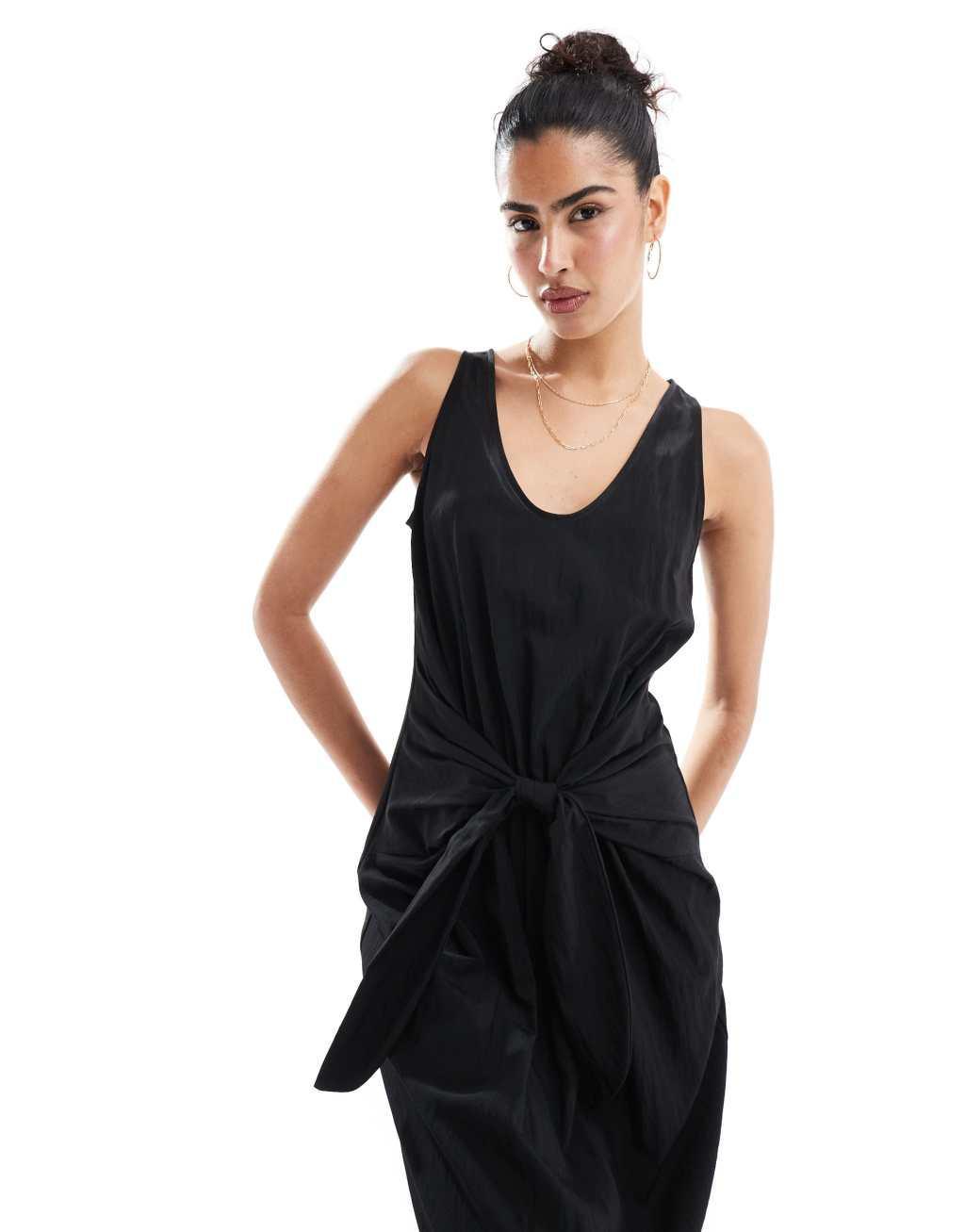 ASOS DESIGN scoop neck tie front midi dress in black Product Image