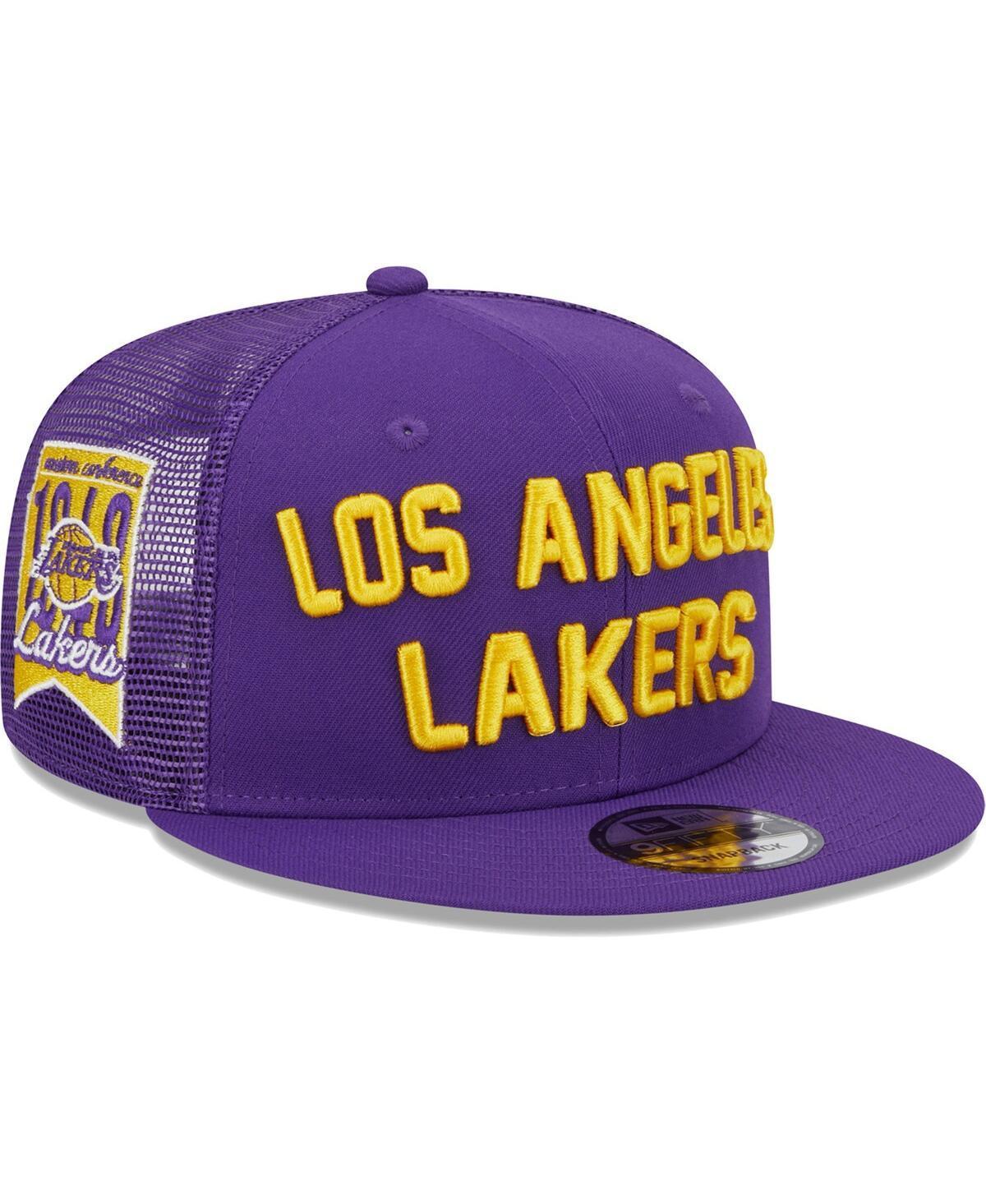 Mens New Era Los Angeles Lakers Stacked Script 9FIFTY Trucker Snapback Hat Product Image