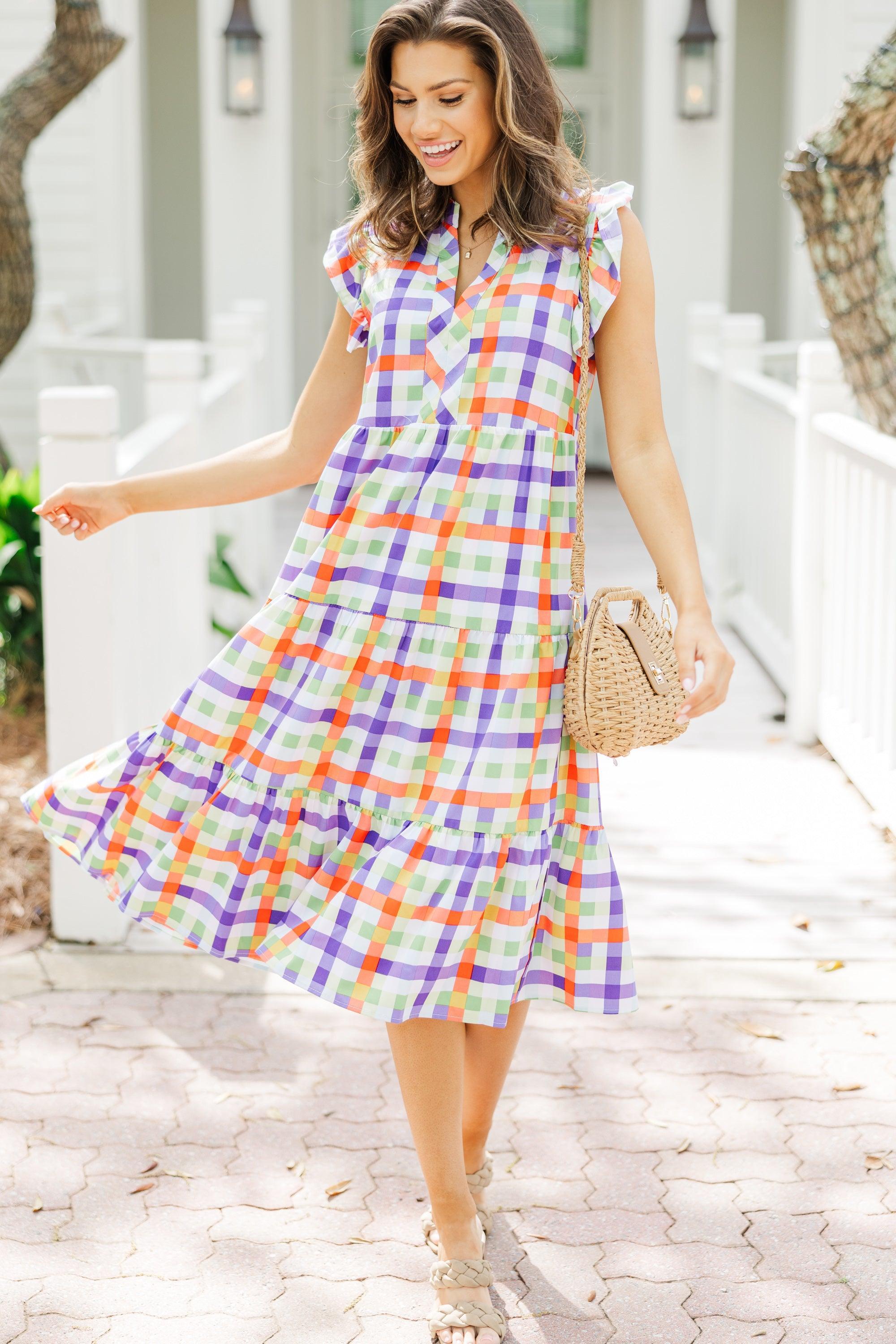 Just A Dream Orange Gingham Midi Dress Female Product Image