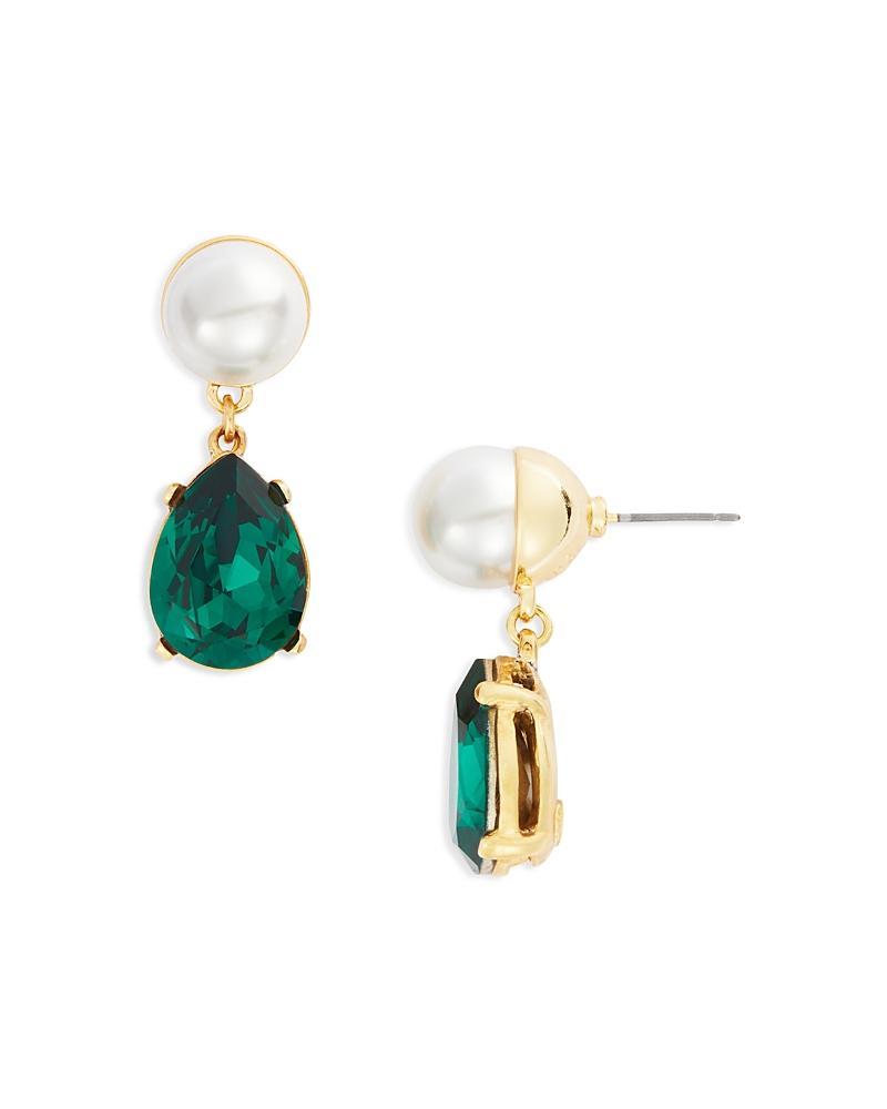 Kenneth Jay Lane Imitation Pearl & Green Stone Drop Earrings in Gold Tone Product Image